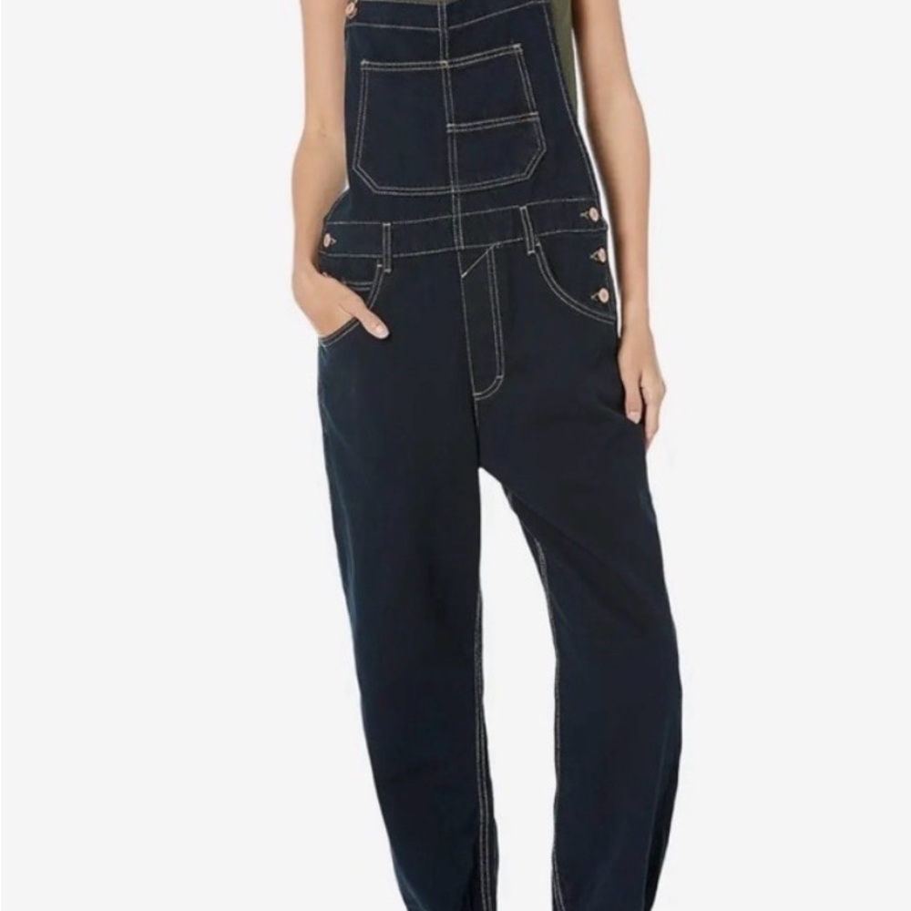 We The Free Dark Navy Denim Overalls with Contrast Stitching - Picture 1 of 6